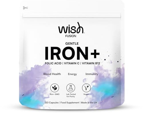 Wish Fusion Gentle Iron Supplement for Women & Men, High Absorption, Non-Constipating Iron Capsule with Vitamin C, B12, Folic Acid, Boosts Energy, Supports Immunity & Blood Health, 120 Vegan Capsules