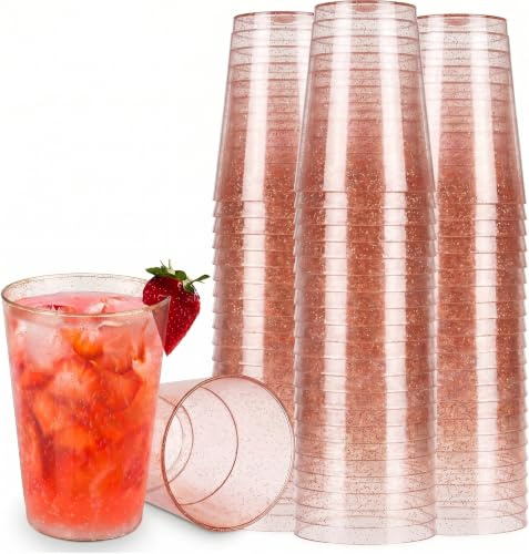 Lot de 30 gobelets en plastique transparent à paillettes or rose, réutilisables, 350 ml | Fête élégante parfaite pour un mariage, Thanksgiving, Noël