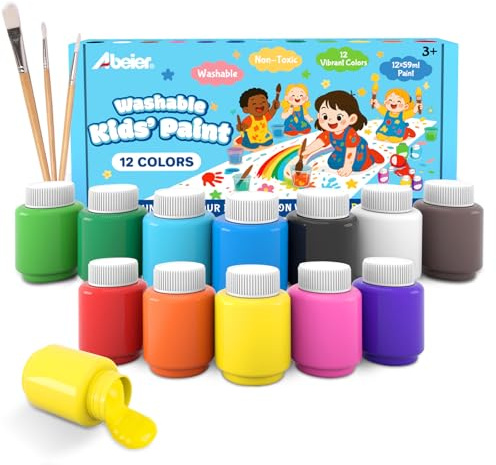 ABEIER Tempere lavabili per bambini, 12 colori assortiti con 3 pennelli, set di colori a tempera per bambini, colori acrilici atossici facilmente lavabili per poster, arti e progetti