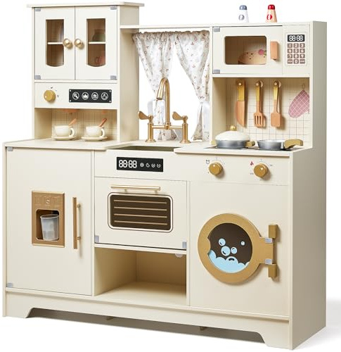 medoga Set di giocattoli da cucina in legno per bambini, giocattolo da cucina con 26 pezzi di cibo e utensili da cucina, regalo per bambina e bambino di 3 anni