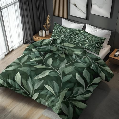 NOGAWA Bettwäsche 135x200 Grüne Blätter - Blätter Bettbezug 135x200 2er Set, Weich & Bügelfrei Mikrofaser Bettwäsche-Sets, Wendebettwäsche mit Reißverschluss und 1 Kissenbezug 80x80