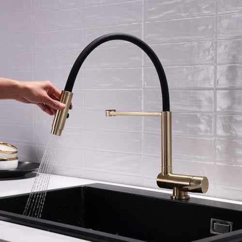 Küchenarmatur Flexibel Gold Gebürstet Vorfenster Armatur Klappbar Mischbatterie Küche mit Brause Einhebel Spültischarmatur mit 2 Strahlarten