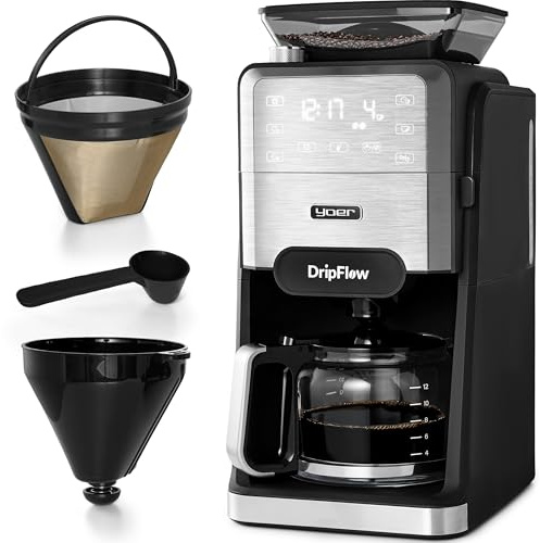 Yoer Filterkaffeemaschine mit integriertem Kegelmahlwerk, 12 Tassen | 1520 W, 1,5L Glaskanne, 24h Timer, Dauerfilter, Warmhaltefunktion, Edelstahl INOX, CMG03BK DripFlow, schwarz