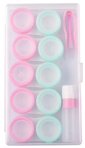 5 Pcs Contact Lens Cases, Contact Lens Holder Portable Eye Contacts Mini Case Container Set with L and R Caps Including Solution Bottle,Rubber-Tipped (Pink and Green)