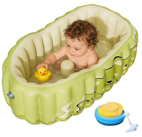 Bañera hinchable para bebés con respaldo, 90 x 58 x 34 cm, bañera para bebés con bomba de aire, bañera inflable para bebé, bañera portátil para baño y viajes, verde, plegable antideslizante