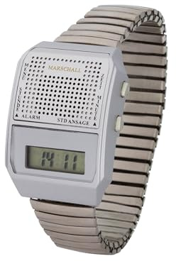 Marschall Deutsch sprechende Armbanduhr mit seitlichen Einstellknöpfen I 1100V I Silber I Stündliche Zeitansage I Wecker I Perfekt für Senioren, Blinde und Sehbehinderte