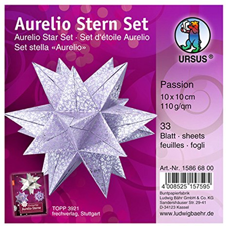 Ursus 15866800 - Faltblätter Aurelio Stern Passion, helllila / silber, 33 Blatt, aus Shimmer Papier 110 g/qm, ca. 10 x 10 cm, durchgefärbt, Vorderseite mit Veredelung, ideal als Weihnachtsdeko