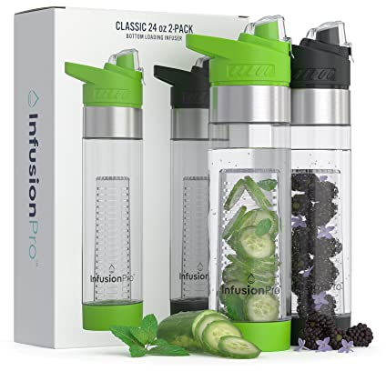 Infusion Pro Tritan Plastic Fruit Infuser Bottle, 24 oz, Green/Black, 2 Pack