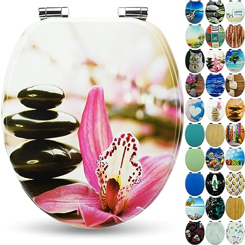 SANFINO® Premium WC Sitz mit Absenkautomatik – hochwertige Toilettendeckel aus Holz, viele bunte Motive, hoher Sitzkomfort, einfache Montage inklusive Montageanleitung – Pink Flower