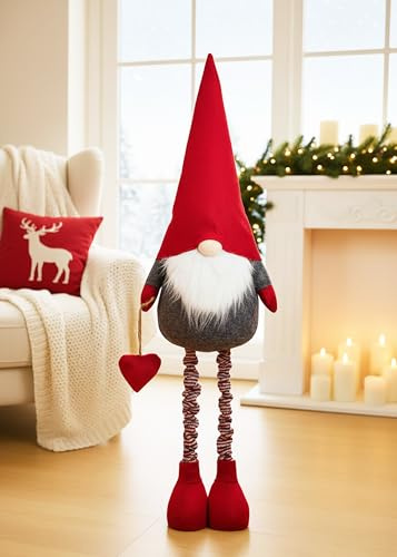 KAMACA XL Weihnachts-Deko Wichtel mit Teleskop-Beinen bis 120 cm Stoff-Wichtel mit roter Zipfelmütze Winterdeko Skandinavische Figur Dekoidee für Winter Weihnachten (XL Teleskop Wichtel 120 cm)