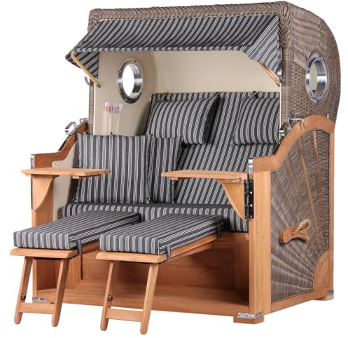 bene living Strandkorb-Set Königssee Teak Bullauge - PE grau - Modell 500 - Liftersystem