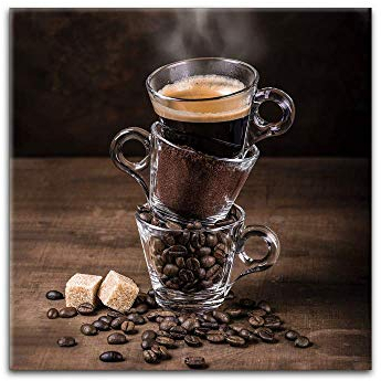 STYLER Küchenbild Crazy Cups 30 x 30 x 0,4 cm I Glasbild Kitchen mit gerösteten Kaffeebohnen I Wandbild Cappuccino Cafe Crema Glastassen I Wanddeko Home Kunstdruck I Deko Küche Vintage