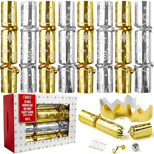 JOYIN 10” Christmas No Snap No Popping Party Table Favor(8 Pack) with Gold & Silver Snowflake Design, with Party Hat, Joke & Little Gift Inside, for Xmas Gift, Christmas Seasonal Holiday Dinner