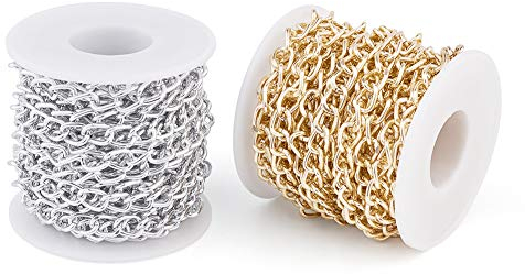2 rotoli di catena a maglia barbazzale, 10 x 6,5 mm, non saldata, in alluminio argentato e dorato, per la realizzazione di collane, gioielli e accessori fai da te, 10 m in totale