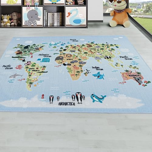 Carpetsale24 Kinderteppich Blau 140x200 cm Weltkarte mit Tieren Design Modern rutschfest Waschbar Pflegeleicht Extra Weich Antiallergen Babyteppich Kinderzimmer Jungen Mädchen