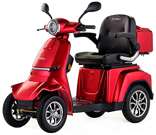 Veleco ® Gravis Modern 4-Wheel Mobility Vehicle with High Capacity Battery (45-60 Km), Full Suspension, Led Lighting and Extra Mobility Device Rain Cover - Red