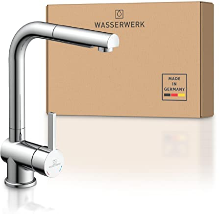 Wasserwerk WK4 GB Küchenarmatur - Design-Wasserhahn Küche - Chrom - Herausziehbare Brause - Armatur mit Energiesparfunktion & Verbrühschutz - Premiumqualität Made in Germany
