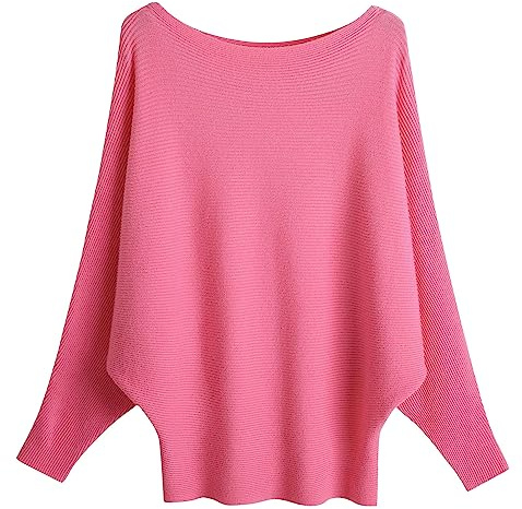 FULIER Pull Femme Col Bateau Pull Tricoté Bat Manches Longues Casual Loose Sweater Taille Unique