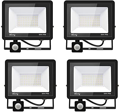 Blivrig 4PCS 50 W Proyector LED Detector de movimiento, 5000LM Proyector LED exterior con detector blanco cálido (3000 K) impermeable IP66 Proyector LED exterior de seguridad para, garaje, pasillo
