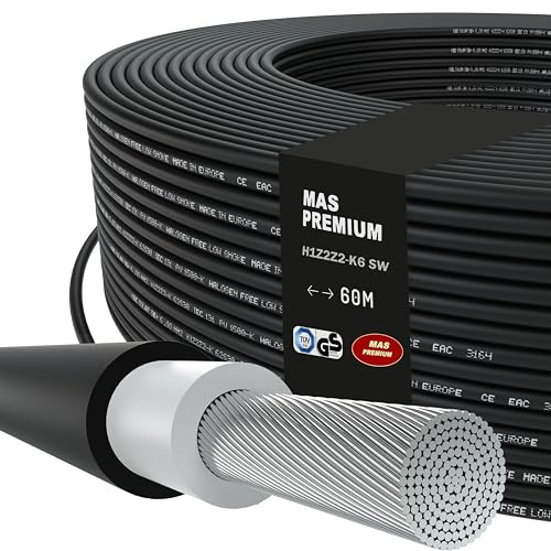 MAS Premium Solarkabel H1Z2Z2-K 4 6 10 mm² Solarleitung TÜV-2 Halogenfrei doppelt isoliert Frei bewegliche oder feste Verlegung in Photovoltaikanlagen 5-200m (H1Z2Z2-K 6, Schwarz, 60m)