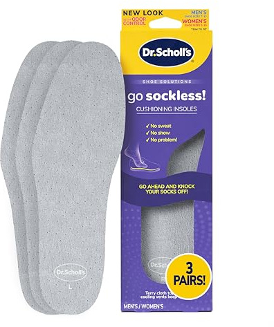 Dr Scholl’s Go Sockless! Cushioning Insoles for Women Men Unisex, 3 Pairs, Trim to Fit - Absorbs Moisture to Keep Feet Dry, Shoe Inserts for Women Men with Plush Terry Cloth Layer for Added Comfort