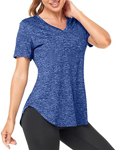 Deaviya Sport T-Shirt Damen, Fitness Sport Shirt Kurzarm Oberteile, V-Ausschnitt Laufshirt für Frauen, Workout, Gym Yoga Shirt Damen (DE/NL/SE/PL, Alphanumerisch, L, Regular, Regular, Dunkelblau)