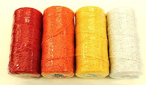CaPiSo 4x100m Baumwolle 2mm Bäckerschnur Baumwollkordel Küchengarn Kordel Bäckerkordel Bindfaden Baumwollschnur Rot-Gelb-Orange-Weiss