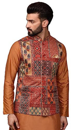 KISAH Men's Multi-Color Printed Cotton Nehru Jacket- Traditional Indian Waistcoat for Weddings & Festive Occasions