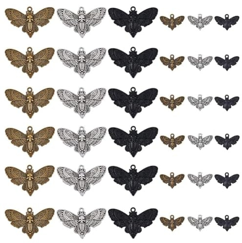 SUPERFINDINGS 36 Stück 6 Stile Legierung Motte Gothic Charms Schwarz Silber Totenkopf Charm Motte Vintage Tier Anhänger Für Halloween Party DIY Schmuck Halskette Armband