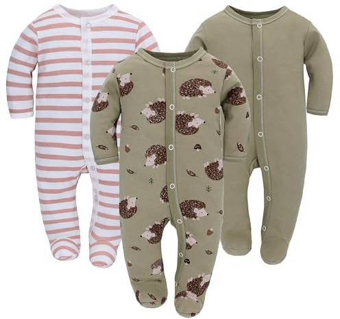 3PCS Baby Schlafstrampler Babychlafanzug Babyschlafsack Baumwolle mit Füßen mit knöpfen Gr. 56 62 68 für Junge Mädchen Neugborenen