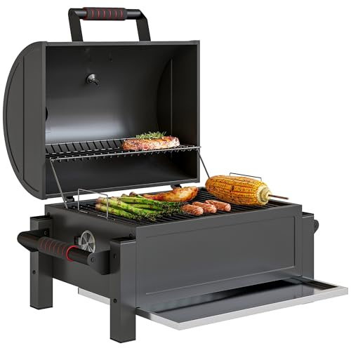 Outsunny barbacoa de leña hueca, barbacoa de mesa con parrilla, bandeja de carbón, barbacoa de camping con tapa, mango, termómetro, barbacoa de leña de mesa para picnics, jardín, negro, 68,5 x 50 x 54
