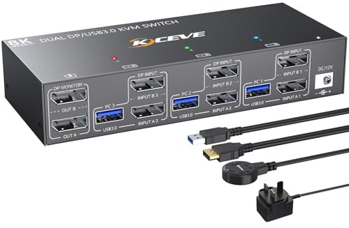 YOUTINGHDAV KVM Switch 2 Monitors 3 Computers Displayport, USB 3.0 KVM Switch 3 Computer 2 Monitor DP Share 4 USB 3.0 Ports Mouse Keyboard, 4K@144Hz, Wired Remote(4K DP 3 in 2 out KVM)