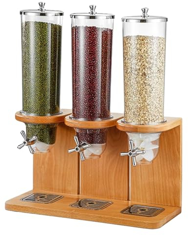 ZGFOZJGC Easy Clean Cereal Dispenser Dry Food Dispenser Countertop Cereal Container Storage Dispenser with PC Bucket And Wooden Base,three barrel