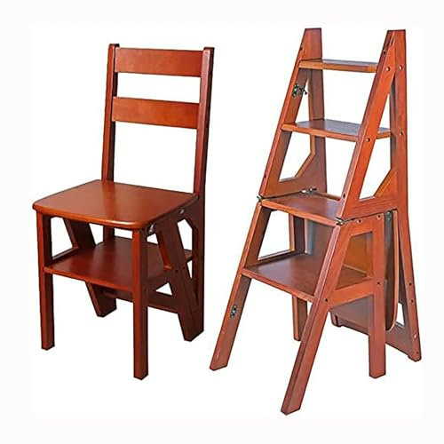 4 Tier Folding Step Ladder, Portable Convertible 2-in-1 Wood Ladder Chair, Display and Storage Shelf，for Library, Home Kitchen