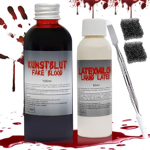 Halloween Kunstblut Set, Realistische 100ml Auswaschbares Fake Blood Halloween Schminke Fake Blut, 60ml Flüssiglatex mit Make-up-Schwamm und Spatel für Zombie, Vampir, Wundnarben, Cosplay & Fasching