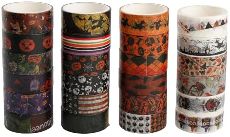 Tabanzhe Halloween Washi Tape Set-24 Rolls Halloween Masking Tape Decorative Tape for Gift Wrapping Pumpkin Bat Skull Paper Film Craft Supplies for DIY Scrapbook Planner Bullet Journal Decor