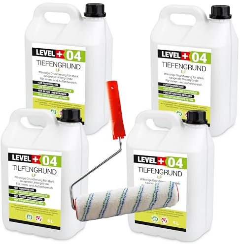 LEVEL PLUS 04 Tiefengrund LF 25L, Grundierung Wand Innen und Außen, Tiefgrund Farben Tapeten, Universal Gebrauchsfertiger Primer für saugende Untergründe + Farbroller 25cm mit Bügel Set