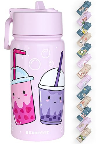 BEARFOOT Termosflaska barn i rostfritt stål med sugrör – termosflaska 400 ml – BPA-fri – läckagesäker – småbarn, flickor och pojkar vattenflaska för skola, dagis (lila – BubbleTea)