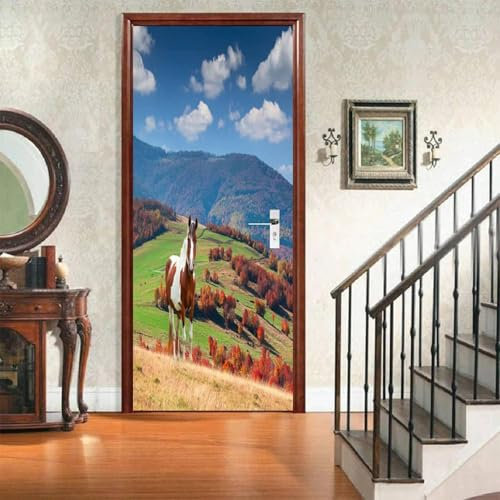 Türtapete Selbstklebend 85x200 Pferd Türposter Herbstlandschaft Fototapete Türfolie Türklebefolie Wasserdichte für Türwand Dekoration Tapete a.1738