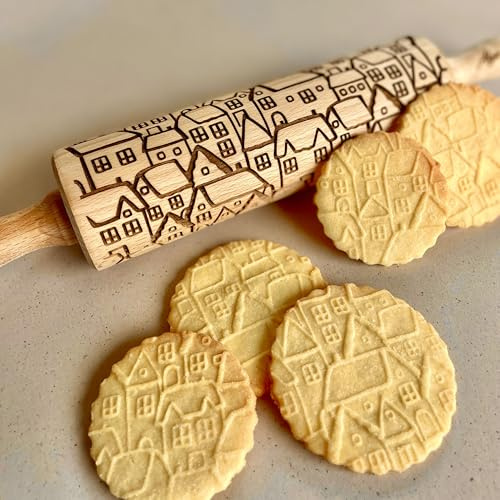 Nudelholz mit Muster Weihnachten Backen - Teigroller Holz für DIY Weihnachten Plätzchen - Graviert Plätzchenrolle mit Motiv - 3D Plätzchen Roller WINTERDÄCHER von Algis Crafts