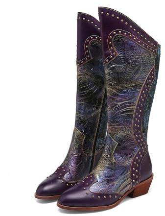 CrazycatZ Womens Leather Bohemian High Boots Splicing Floral Block Heel Patterned Long Boots (Purple, Adult, Women, 6, Numeric, UK Footwear Size System, Medium)