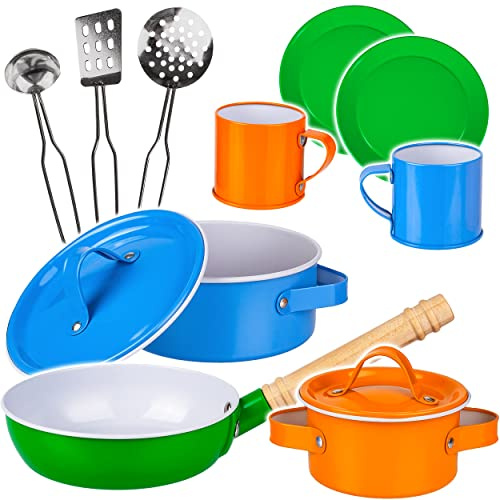 alles-meine.de GmbH 12 TLG. Set Kinder - Kochset - Topfset & Geschirrset - Puppengeschirr/Kochtopfset - Antihaft - aus Metall/echte Edelstahl Blech Töpfe/Panne + Küchenhe..