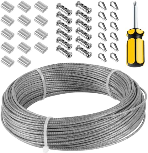 KEILEOHO Cable de Acero Inoxidable 304 2mm x 50m Kit, Cuerda de Alambre 7x7 Hebras con Revestimiento Nylon para Tendedero, Colgar Luces, Soporte Plantas y Cortinas