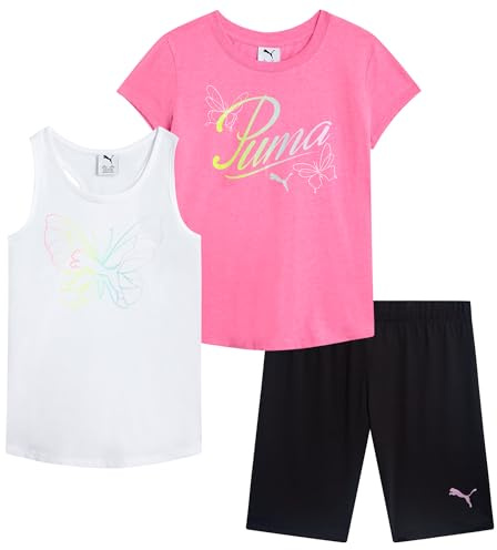 PUMA Mädchen Active Shorts Set 3 Stück Performance T-Shirt Tank Top Bike Shorts Sommer Athletic Outfit für Mädchen (7-14), Fuchsia/Weiß/Schwarz, 7