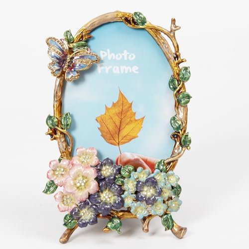 Cornice portafoto ovale da 10 x 15 cm, cornice vintage con vetro ad alta definizione, porta foto decorativo in metallo con design floreale rustico per esposizione da tavolo