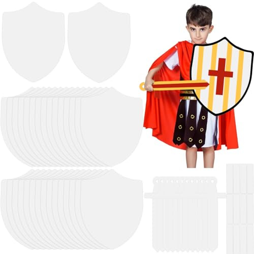 Huaerle 36 Set Paper Shields DIY Cardboard Shield and Swords Craft to Decorate Shield Shapes Cutouts with Handles for Painting Party Knight Dramatic Play Castle Activities