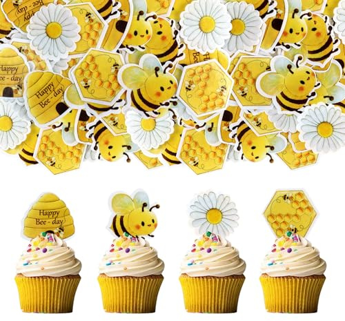 Blumomon 40Pcs Edible Bee Cupcake Toppers Bees Cupcake Decoration for Bee Theme Birthday Baby Shower Party Kids Cake Decoration Supplies