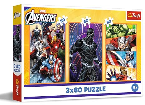 Trefl – 3in1 Puzzle: Marvel The Avengers, Actiongeladene Tage - 3 x 80 Teile, 3er-Puzzle-Set für Kinder ab 5 Jahren