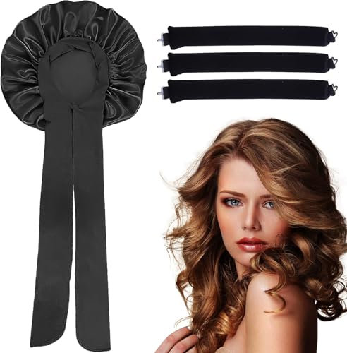 Cuffia Seta Capelli Ricci + 3 Pezzi Bigodini Senza Calore,Bigodino Lungo per Boccoli,Seta di Gelso Dormire,Heatless Hair Curler,con Cinturino Largo Regolabile Fissaggio Per Tutti I Tipi Di Capelli