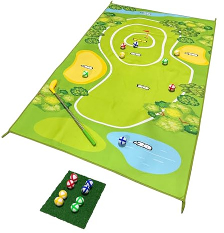 Golf Tee Off Mat Mini Golf For Home - Minigolfset inomhus - 160x100 cm Golfmatta - Inkl. 8 bollar i 4 färger - Minigolfgåva till hemmet